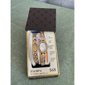Brand New Elgin Watch Set - Oval Mother of Pearl Dial with Crystals NIB